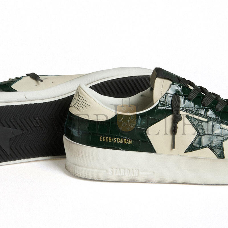 GOLDEN GOOSE MEN'S STARDAN LTD IN CREAM LEATHER WITH GREEN CROCODILE-PRINT LEATHER STAR AND INSERTS GMF00667